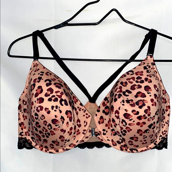Adore Me BRA WO SIZE 38DD FRONT CLOSURE ANIMAL PRINT BLACK LACE TRIM EUC CLEAN - Picture 1 of 11